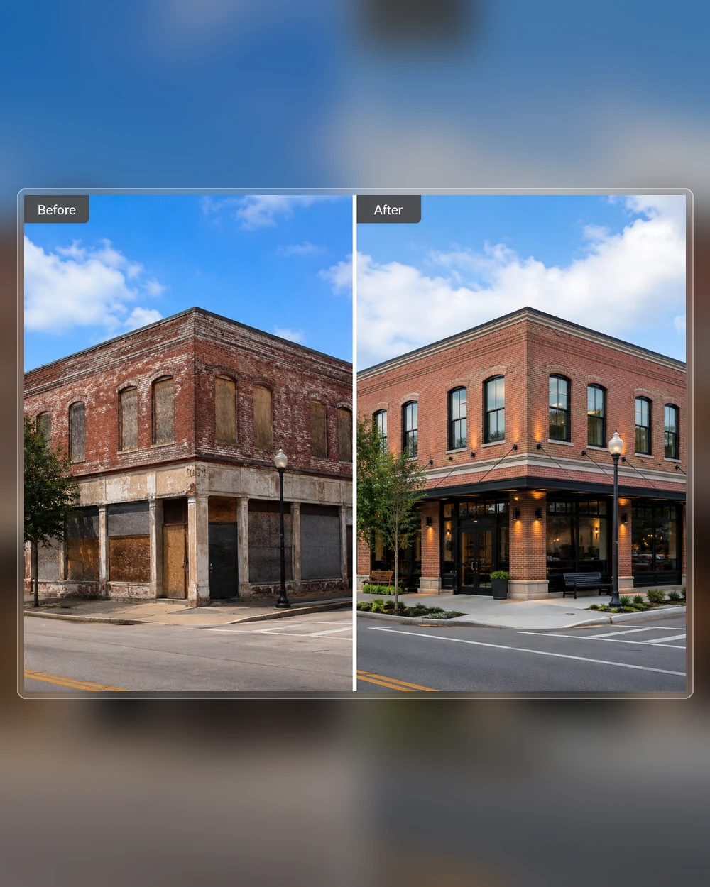 Representative brick commercial building before and after rehabilitation