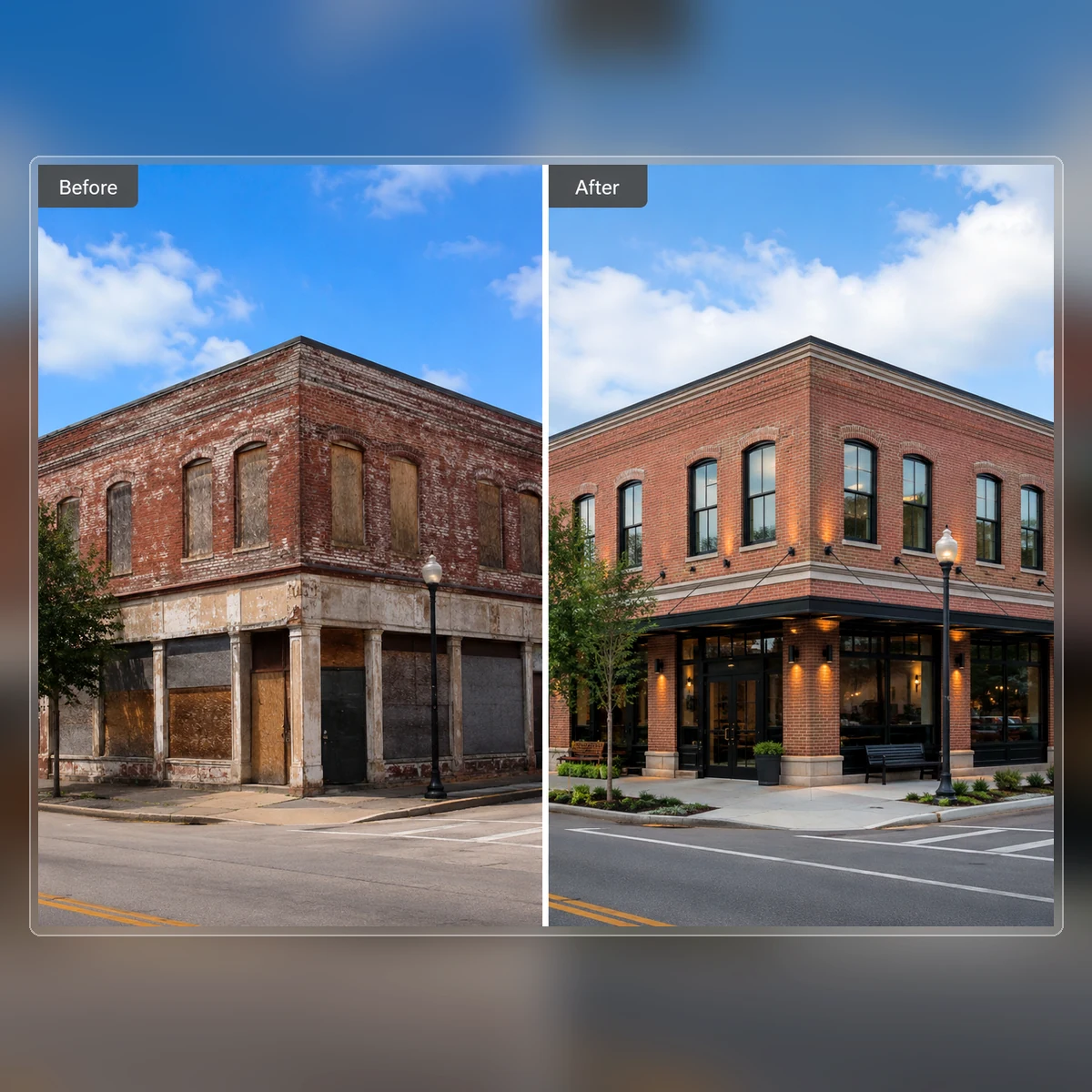 Representative warehouse before rehabilitation and after structural adaptive reuse