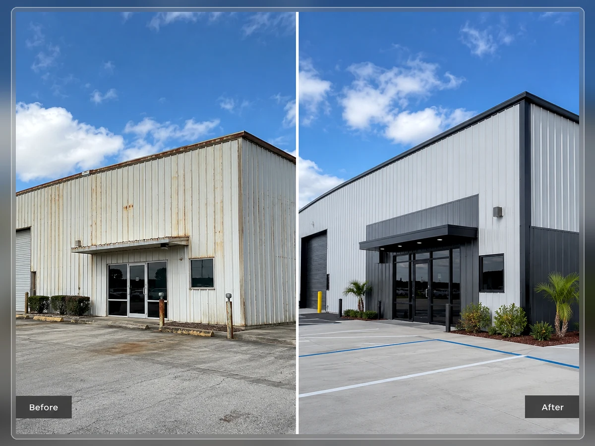 Representative metal building before and after exterior corrective construction