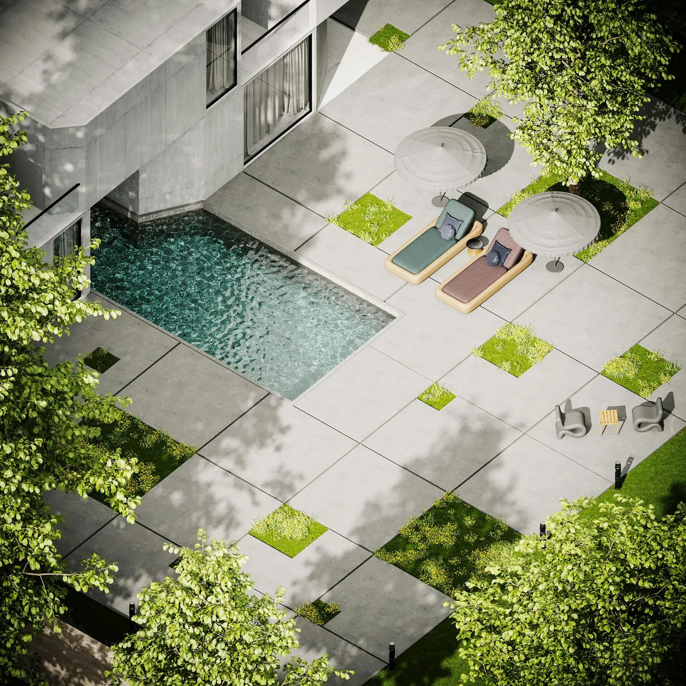 Completed multifamily outdoor amenity courtyard