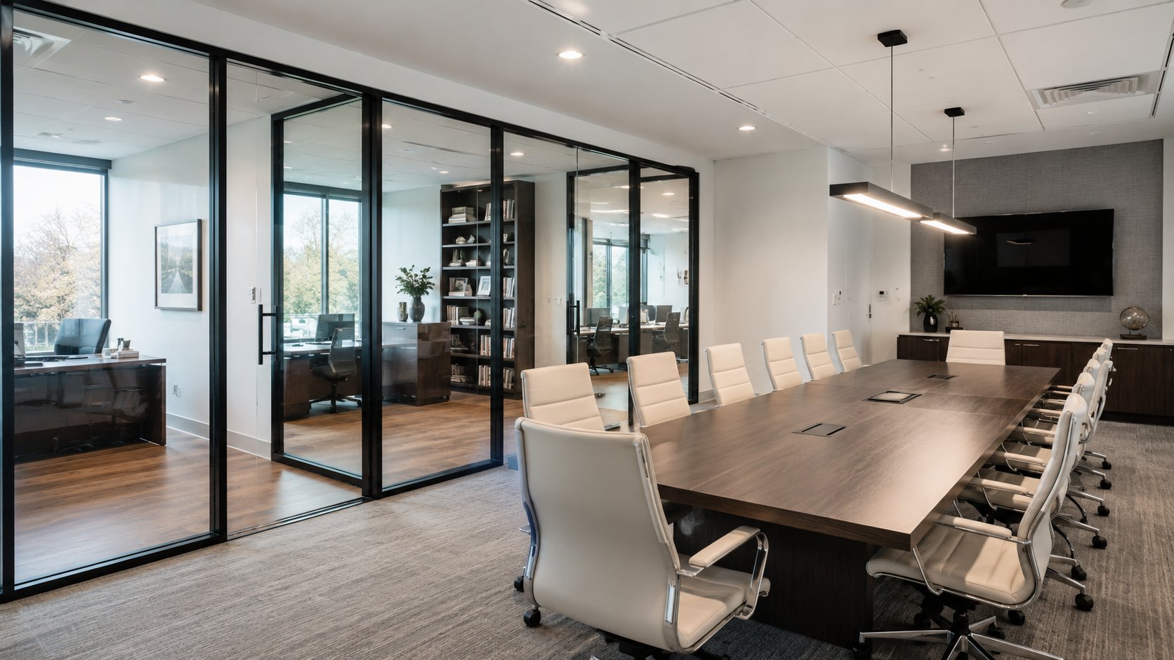 Completed corporate conference room with glass office partitions
