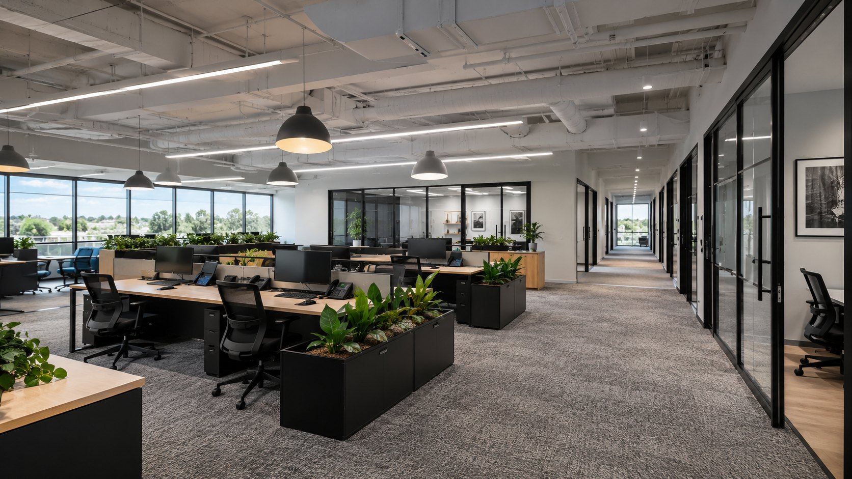 Completed commercial office interior with workstations and glass-front offices