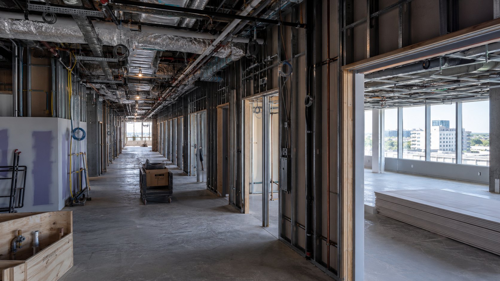Mechanical electrical plumbing fire and low-voltage rough-in above a commercial corridor