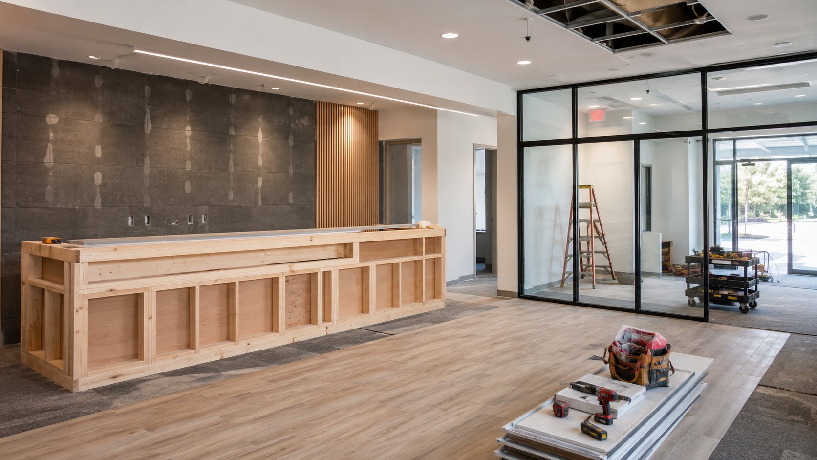 Office reception construction with drywall ceilings lighting and finish work