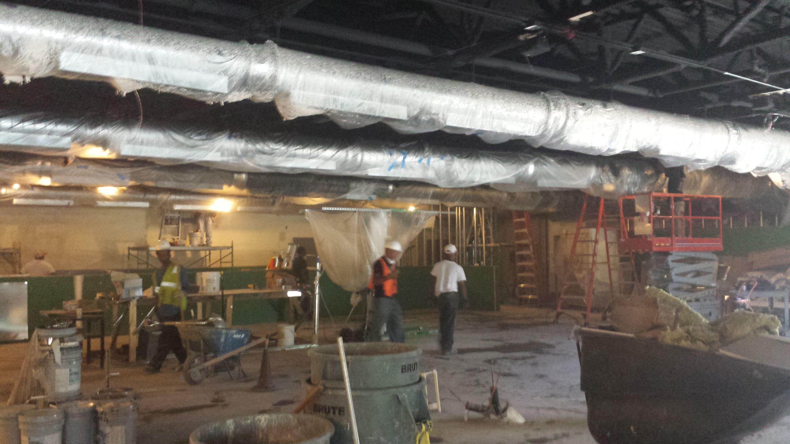 An indoor construction project with air ducts