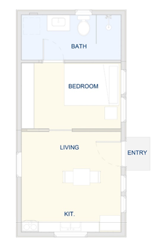 A floor plan with an entrance leading to a living room and small kitchen