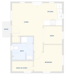 A floor plan with a living room, bedroom, kitchen, walk-in closet, and nook