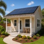 Small house with solar panels and porch