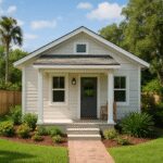 White cottage with porch and garden path