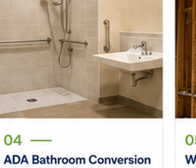ADA bathroom conversion with roll-in shower grab bars accessible sink and turning space