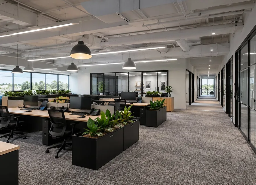 Modern open-plan office with plant dividers