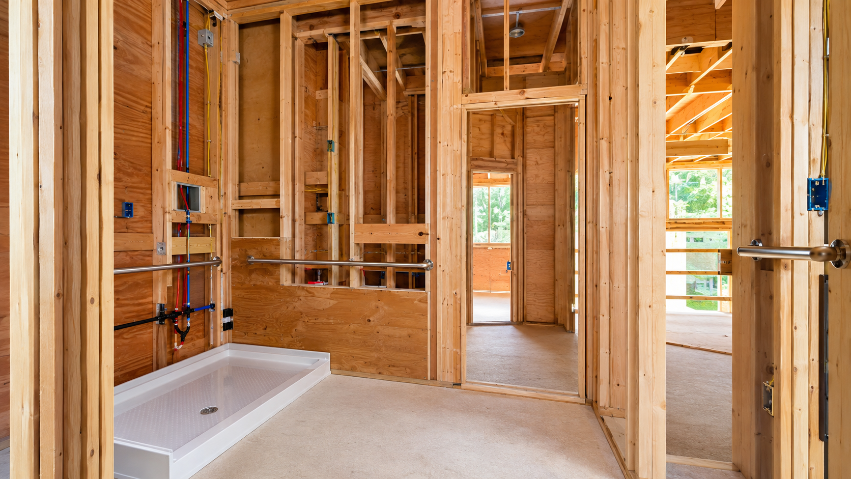 Accessible bathroom wood framing with shower base and plumbing rough-in for a Residential Assisted Living project