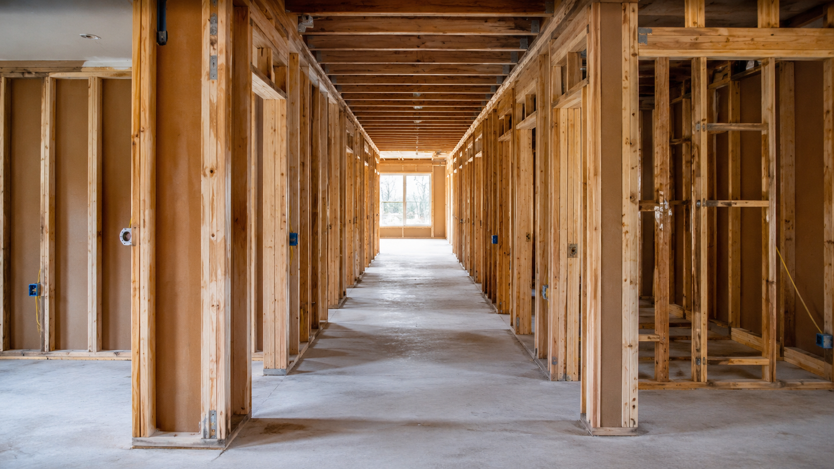 Wood-framed residential hallway under construction for a Residential Assisted Living project