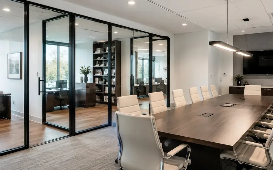 Bright corporate meeting room with leather chairs