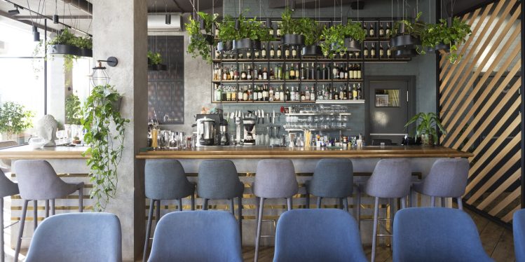 A modern wooden bar counter